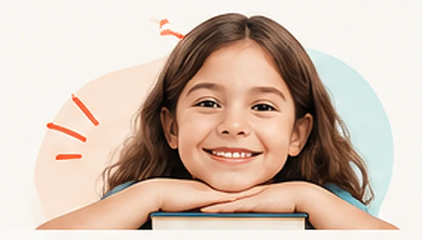 Menina sorrindo, apoiada sobre um livro
